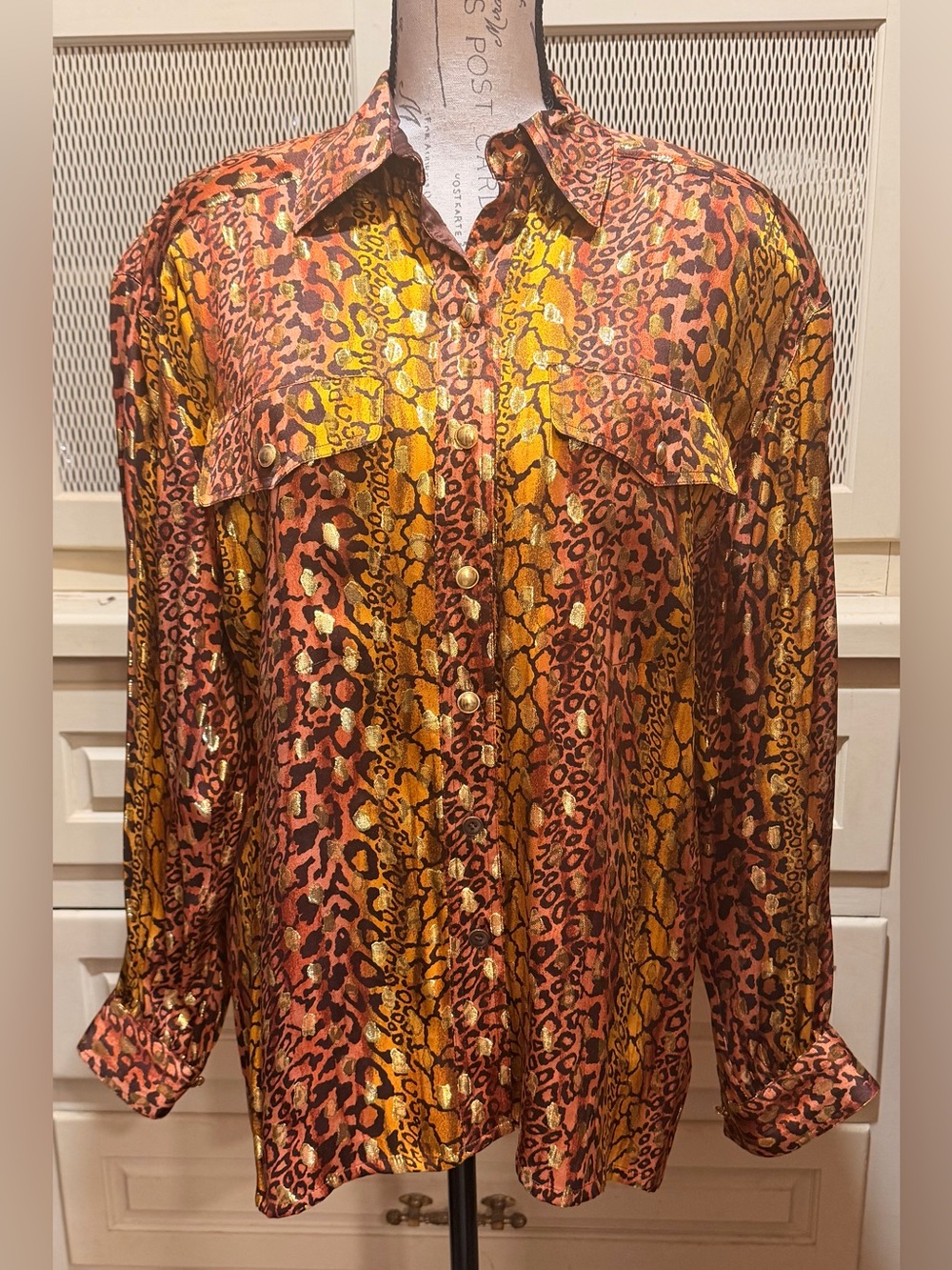 Vintage Escada Margaretha Ley Metallic Gold Leopard Silk Lame Blouse